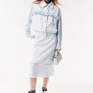 preloved Chanel light blue satin midi skirt with lace trim SZ 36